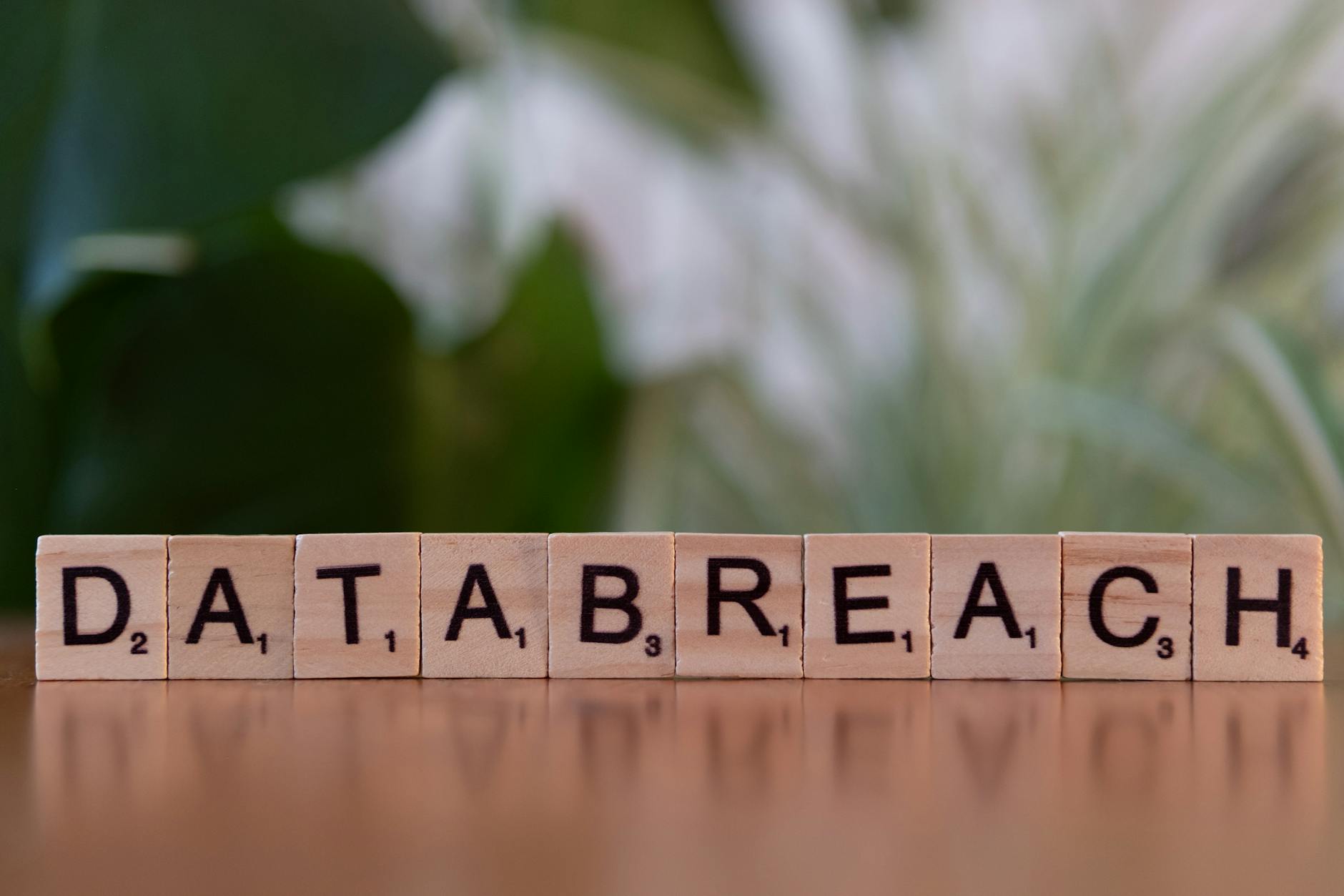 Klocki Scrabble układające się w napis data breach na rozmytym tle