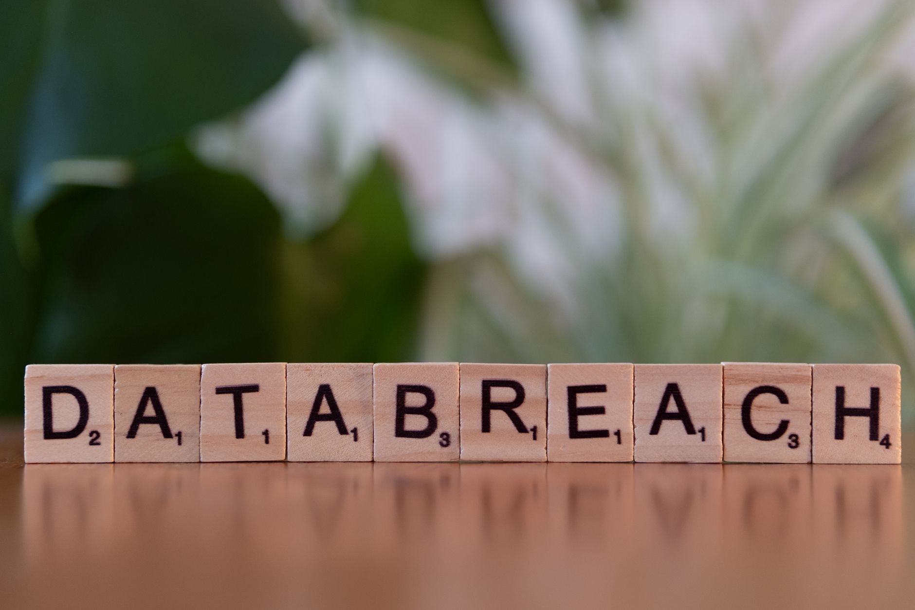 Kafelki Scrabble układające się w napis data breach na rozmytym tle