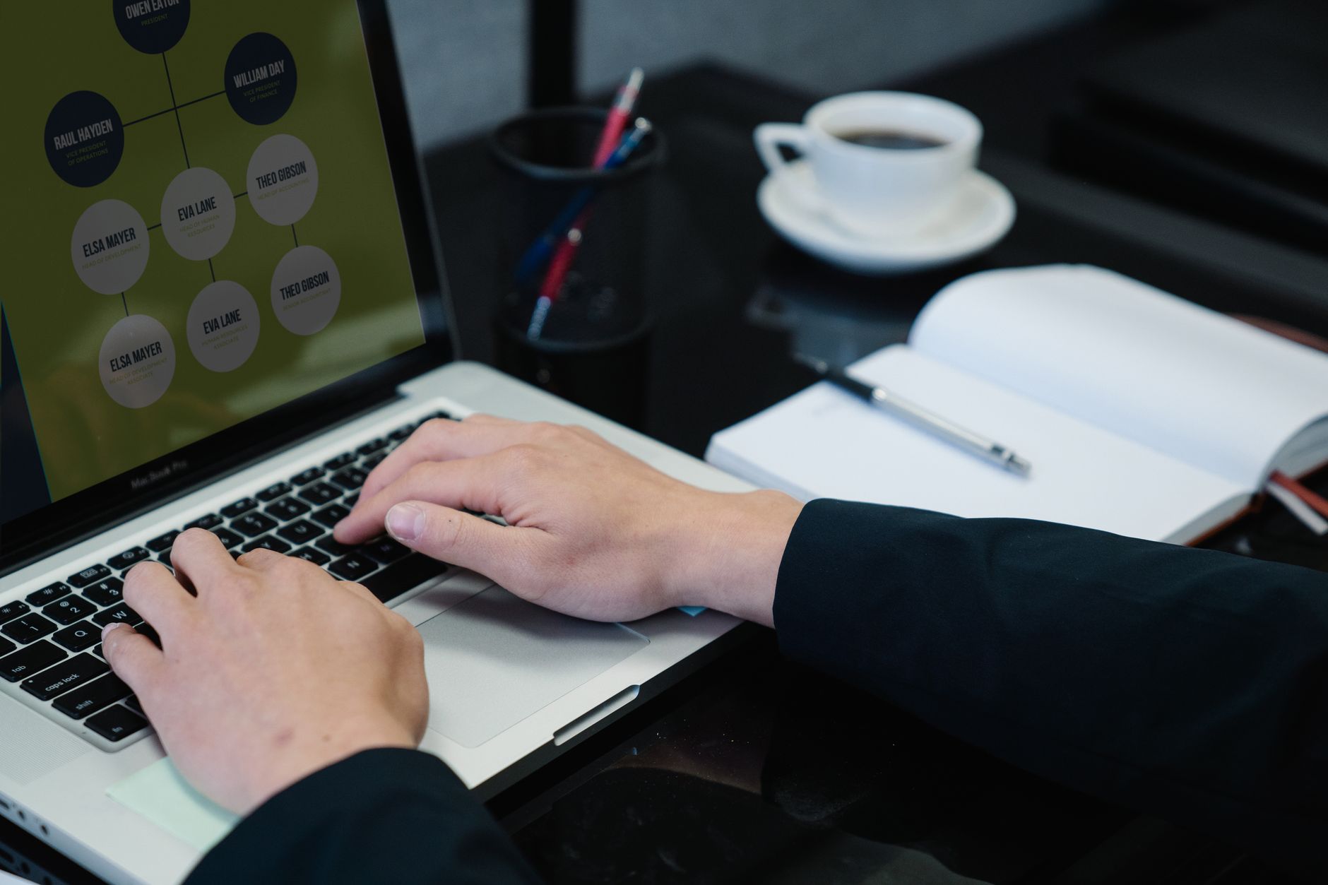 Ręce piszące na laptopie z diagramem procesu, obok notes i kubek kawy